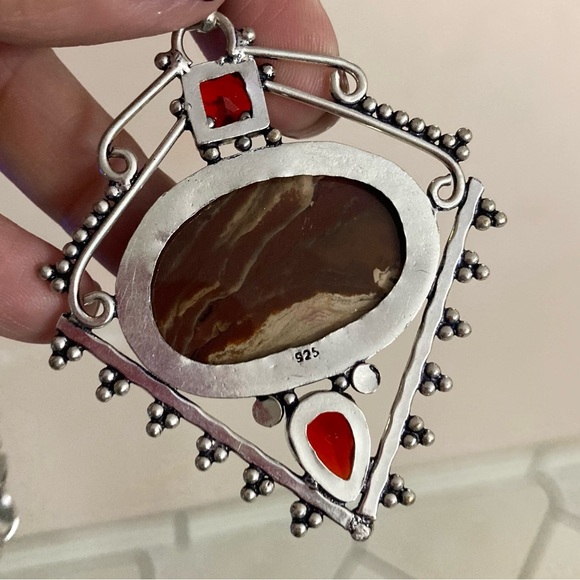 925 sterling silver overlay genuine red jasper stone boho steel chain necklace - Picture 6 of 13